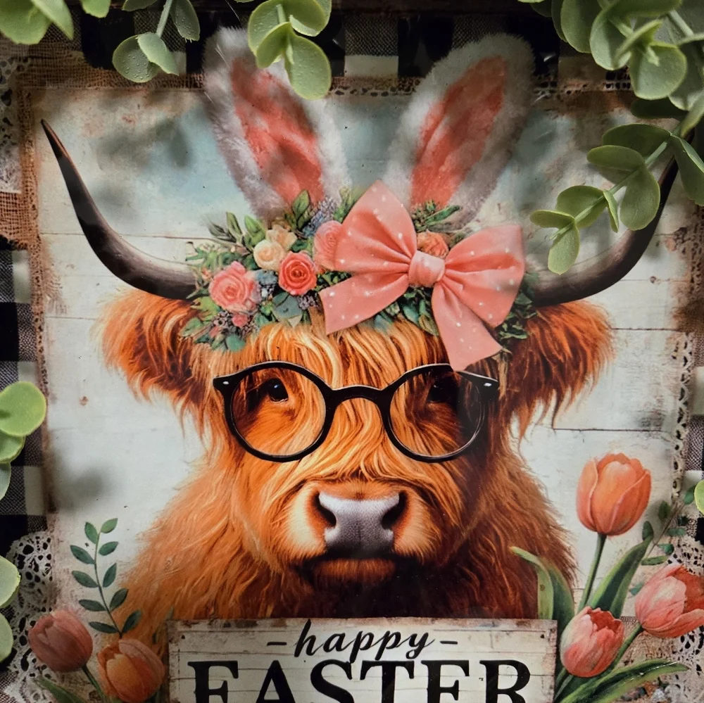 Easter Bunny Cow Eucalyptus And Boxwood Floral Door Wreath with Ribbon